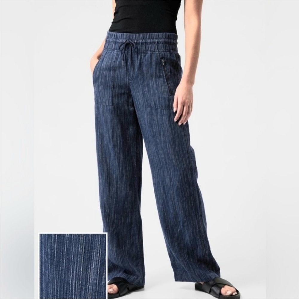 Athleta Wide Leg Pants Cabo Navy Blue Linen Womens Athleisure Relaxed Size 12P